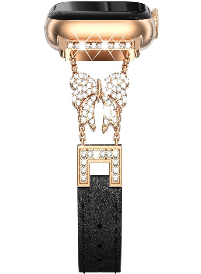 NewWays رباط ساعة آبل الجديد من نيو ويز، جلد رفيع مع bow لامع لسلسلة 11 10 42mm 40mm 41mm لساعة آي ووتش سلسلة 11 10 9 8 7 6 5 4 SE، حزام مصمم رفيع أنيق للنساء، ذهب وردي/أسود - Image 1
