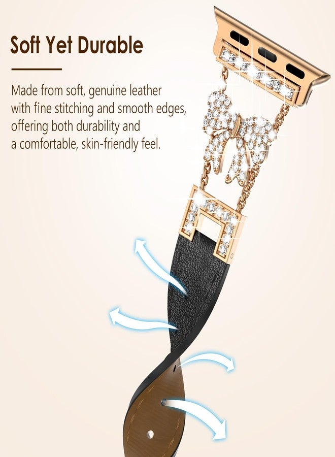 NewWays رباط ساعة آبل الجديد من نيو ويز، جلد رفيع مع bow لامع لسلسلة 11 10 42mm 40mm 41mm لساعة آي ووتش سلسلة 11 10 9 8 7 6 5 4 SE، حزام مصمم رفيع أنيق للنساء، ذهب وردي/أسود - Image 3