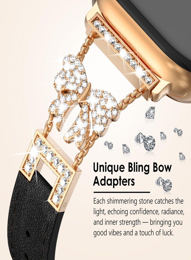 NewWays رباط ساعة آبل الجديد من نيو ويز، جلد رفيع مع bow لامع لسلسلة 11 10 42mm 40mm 41mm لساعة آي ووتش سلسلة 11 10 9 8 7 6 5 4 SE، حزام مصمم رفيع أنيق للنساء، ذهب وردي/أسود - Image 4