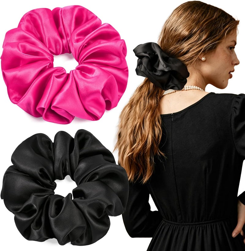CEELGON 2 PCS Hot Pink Jumbo Satin Silky Scrunchies 6.5 Inches Oversized Scrunchie Extra Large Big Hair Ties Ponytail Holder for Thick Curly Hair Women (Black, Hot Pink) - Image 1