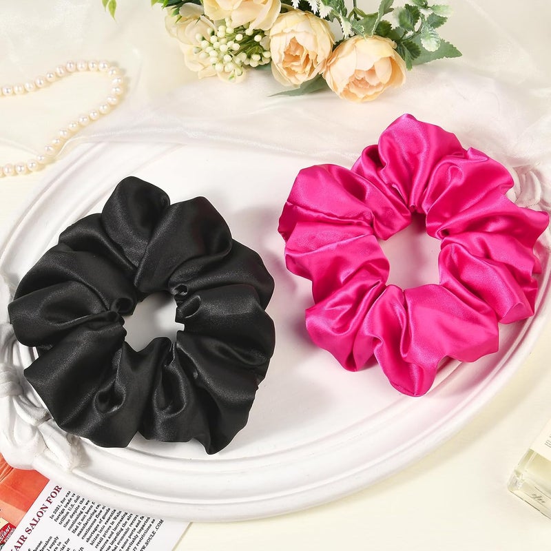 CEELGON 2 PCS Hot Pink Jumbo Satin Silky Scrunchies 6.5 Inches Oversized Scrunchie Extra Large Big Hair Ties Ponytail Holder for Thick Curly Hair Women (Black, Hot Pink) - Image 5