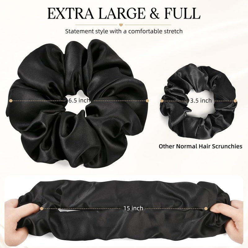 CEELGON 2 PCS Hot Pink Jumbo Satin Silky Scrunchies 6.5 Inches Oversized Scrunchie Extra Large Big Hair Ties Ponytail Holder for Thick Curly Hair Women (Black, Hot Pink) - Image 4