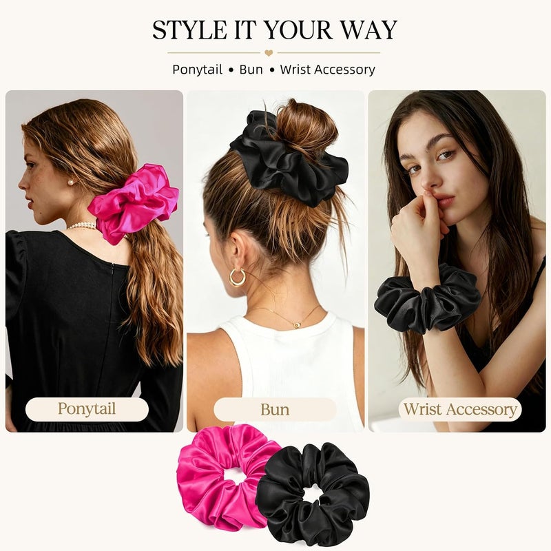 CEELGON 2 PCS Hot Pink Jumbo Satin Silky Scrunchies 6.5 Inches Oversized Scrunchie Extra Large Big Hair Ties Ponytail Holder for Thick Curly Hair Women (Black, Hot Pink) - Image 3