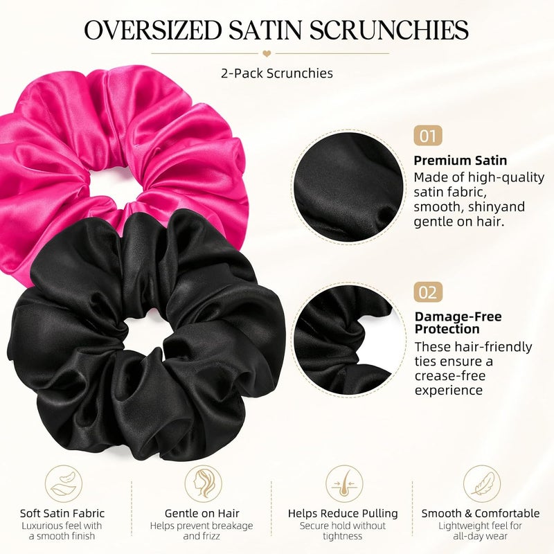 CEELGON 2 PCS Hot Pink Jumbo Satin Silky Scrunchies 6.5 Inches Oversized Scrunchie Extra Large Big Hair Ties Ponytail Holder for Thick Curly Hair Women (Black, Hot Pink) - Image 2