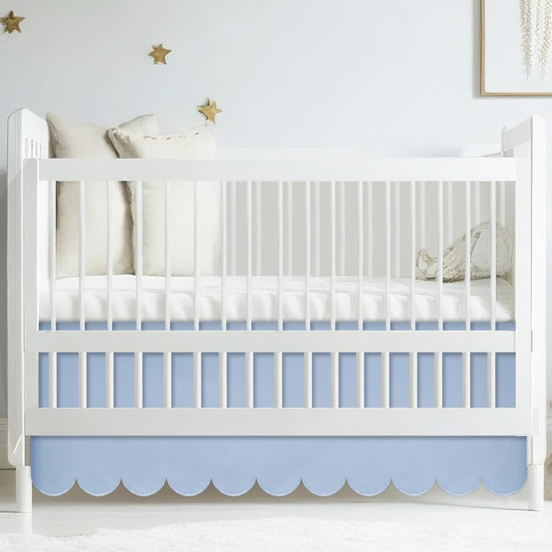 Hahafelt Blue Scalloped Crib Skirt 28"x 52" with 14" Drop Pleated Dust Ruffle with Split Corners for Baby Boys Girls Soft 4-Sided Crib Bed Skirt Nursery Standard Toddler Bedding - Image 1