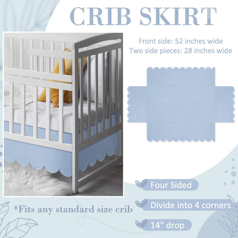 Hahafelt Blue Scalloped Crib Skirt 28"x 52" with 14" Drop Pleated Dust Ruffle with Split Corners for Baby Boys Girls Soft 4-Sided Crib Bed Skirt Nursery Standard Toddler Bedding - Image 2
