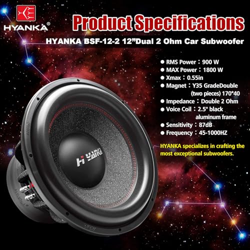 H YANKA BSF-12-2 12 Inch Subwoofer - 1800W MAX Power 12 Inch Paper Cone Car Audio, Black Aluminum Basket, 2.5“ Dual Voice Coil 2 Ohm Impedance 12" Subwoofer for Cars - Image 4