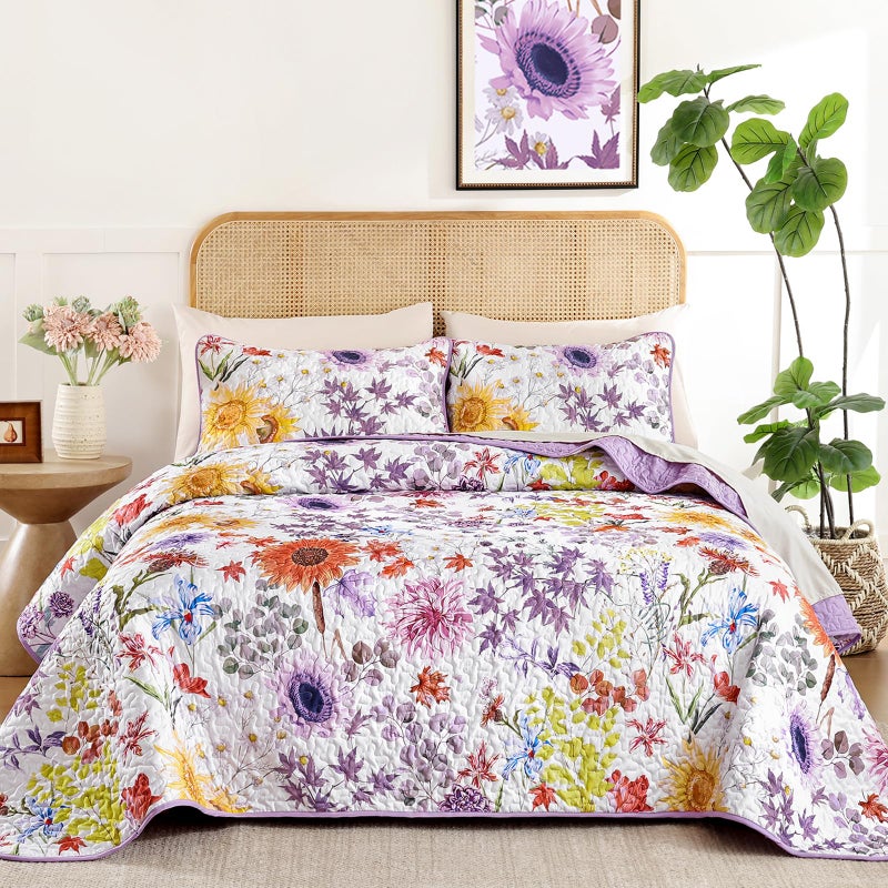 Yiran Purple Floral Quilt Set Queen Size, Lavender Summer Sunflower Botanical Bedspread Bedding Set, 3 Pieces Soft Lightweight Microfiber Coverlet with 2 Pillow Shams for All Season 96x90 Inch - Image 1