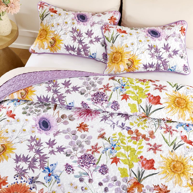 Yiran Purple Floral Quilt Set Queen Size, Lavender Summer Sunflower Botanical Bedspread Bedding Set, 3 Pieces Soft Lightweight Microfiber Coverlet with 2 Pillow Shams for All Season 96x90 Inch - Image 3