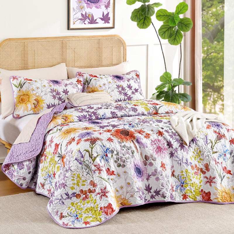 Yiran Purple Floral Quilt Set Queen Size, Lavender Summer Sunflower Botanical Bedspread Bedding Set, 3 Pieces Soft Lightweight Microfiber Coverlet with 2 Pillow Shams for All Season 96x90 Inch - Image 2
