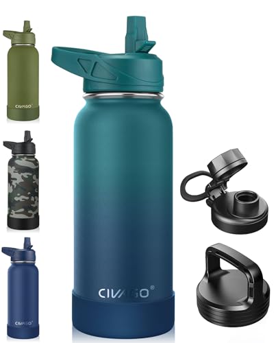 CIVAGO 32 oz Insulated Water Bottle With Straw Stainless Steel Sports Water Cup Flask with 3 Lids Straw Spout and Handle Lid Wide Mouth Travel Thermal Mug Dark Night