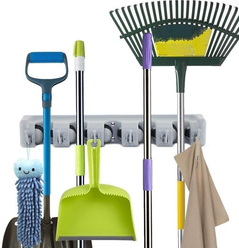 VDHJA Mop Holder and Broom Holder 5 Slot Position with 6 Hooks Brooms Holder Wall Mounted - Image 1