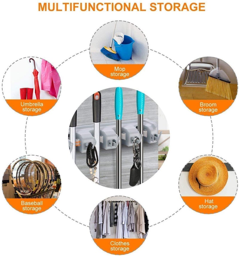 VDHJA Mop Holder and Broom Holder 5 Slot Position with 6 Hooks Brooms Holder Wall Mounted - Image 5