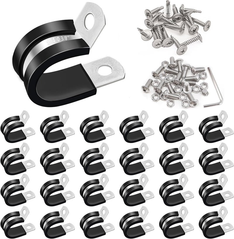 Taiss 50PCS 3/8 Inch Cable Clamps 304 Stainless Steel Rubber Cushion Insulated Wire Clamps,Pipe Clamps,Loop Clamps,Hose Clamp,Metal Rubber Clips With Two Kinds Of Screws(10mm) F-098-10mm - Image 1
