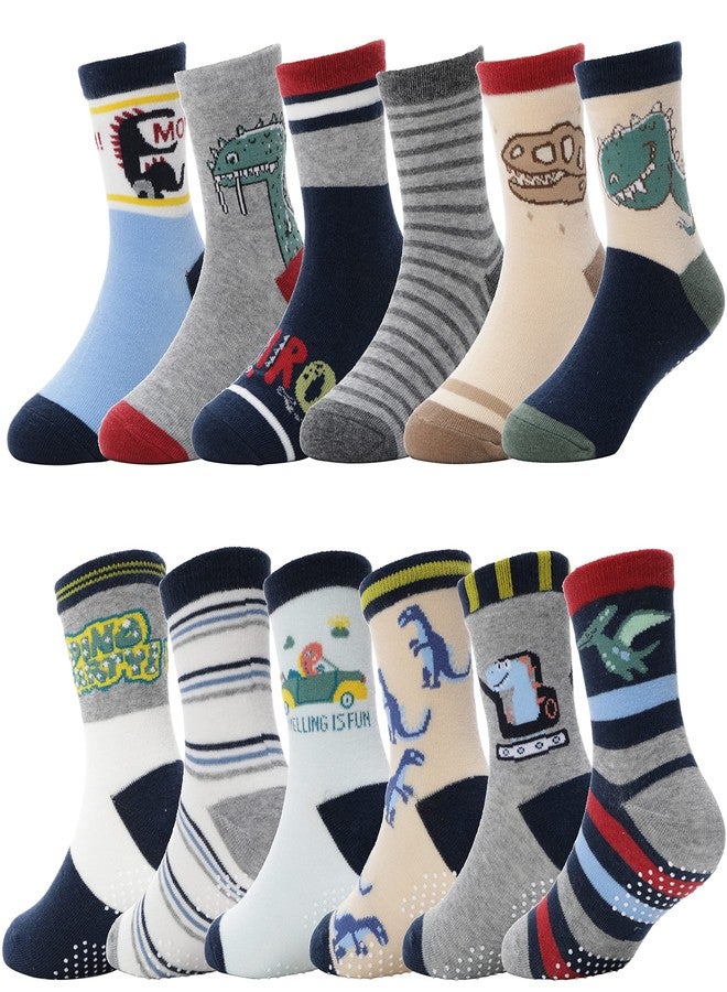 ANTSANG Baby Boys Grips Socks Kids Toddlers Infants Non Slip/Anti Skid Crew Cotton Socks, Boy's-dinosaur(12 Pairs), 3-5T - Image 1