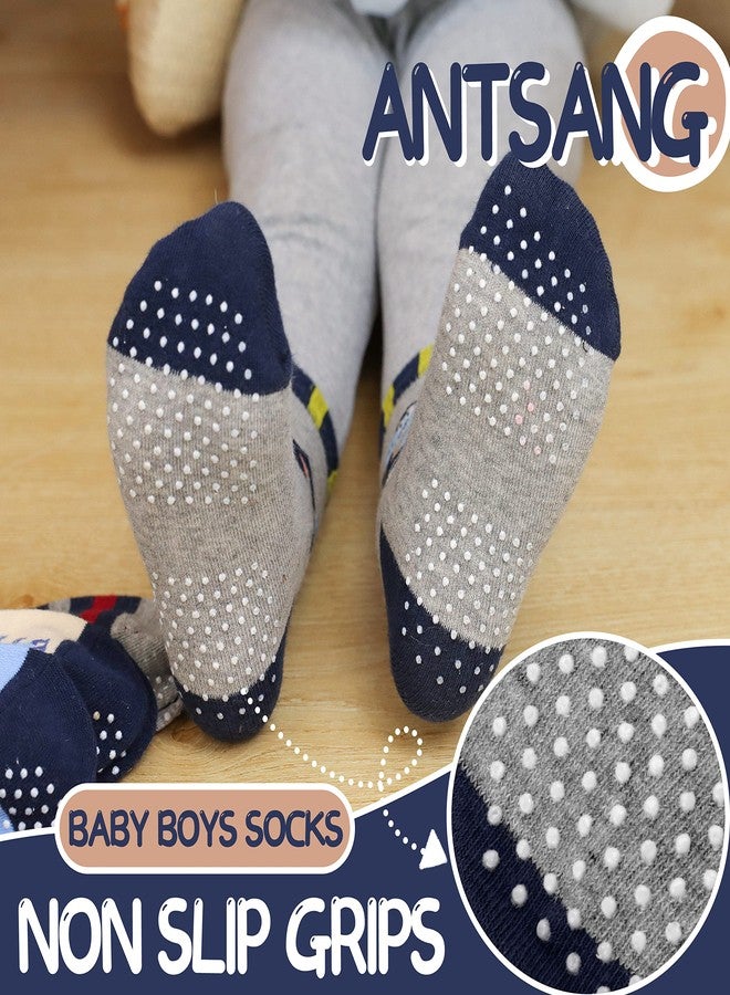 ANTSANG Baby Boys Grips Socks Kids Toddlers Infants Non Slip/Anti Skid Crew Cotton Socks, Boy's-dinosaur(12 Pairs), 3-5T - Image 3