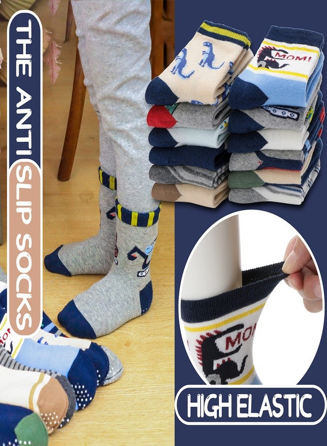 ANTSANG Baby Boys Grips Socks Kids Toddlers Infants Non Slip/Anti Skid Crew Cotton Socks, Boy's-dinosaur(12 Pairs), 3-5T - Image 2