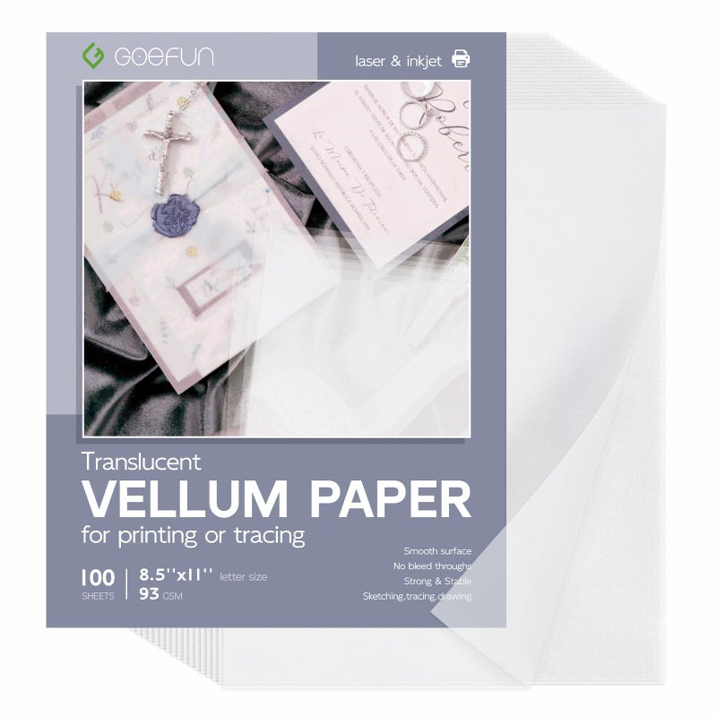 Goefun Translucent Vellum Paper 8.5 x 11, Goefun 100 Sheets Vellum Tracing Paper Printable for Invitations, Card Overlays, Belly Bands, DIYs, Sketching, Drawing - Image 1