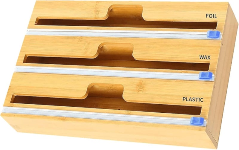 موزع غلاف مع قاطع، موزع تغليف بلاستيكي 3 في 1، متوافق مع 12 بوصة مع قاطع لرقائق الألومنيوم والتغليف البلاستيكي ومنظم أدراج رقائق الألومنيوم (3 فتحات)