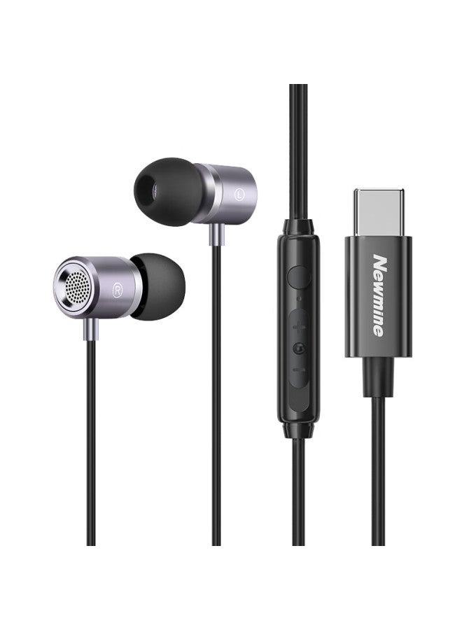 Newmine Mx660 Type-c Earphones With Wire Control Wired Music Phone Digital Earphones Type-c Version In-ear Metal Stereo Heavy Bass Flat Cable Adaptation Iron Grey - Image 4