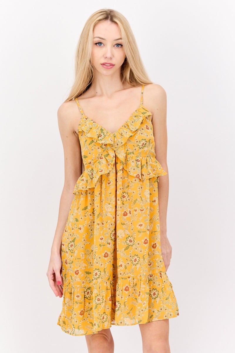 Jessica Simpson Women Allover Print Mini Dress, Yellow - Image 1