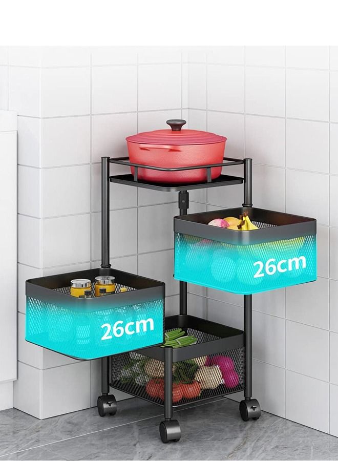 3 Layer Square Shaped Rotating Multi-function Home Kitchen Storage Basket Trolley