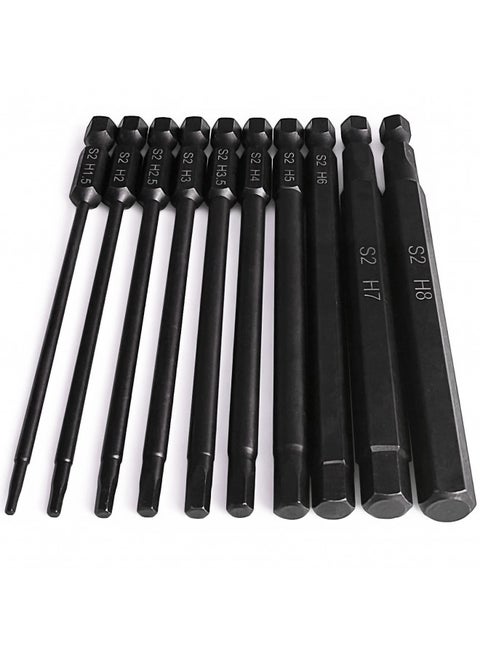 Hex Head Allen Wrench Drill Bit Set (10pc Metric), PTSLKHN, Upgraded 1/4" Quick Release Shank Magnetic 100mm Long Hex Bits Set.