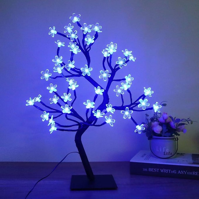 BED SIDE ARTIFICIAL TREE LAMP CHERRY BLOSSOM SILICONE FLOWER 28 LED LIGHTS RAMADAN FESTIVAL HOME DECOR EID FESTIVAL ROOM DECORATION BLUE COLOR