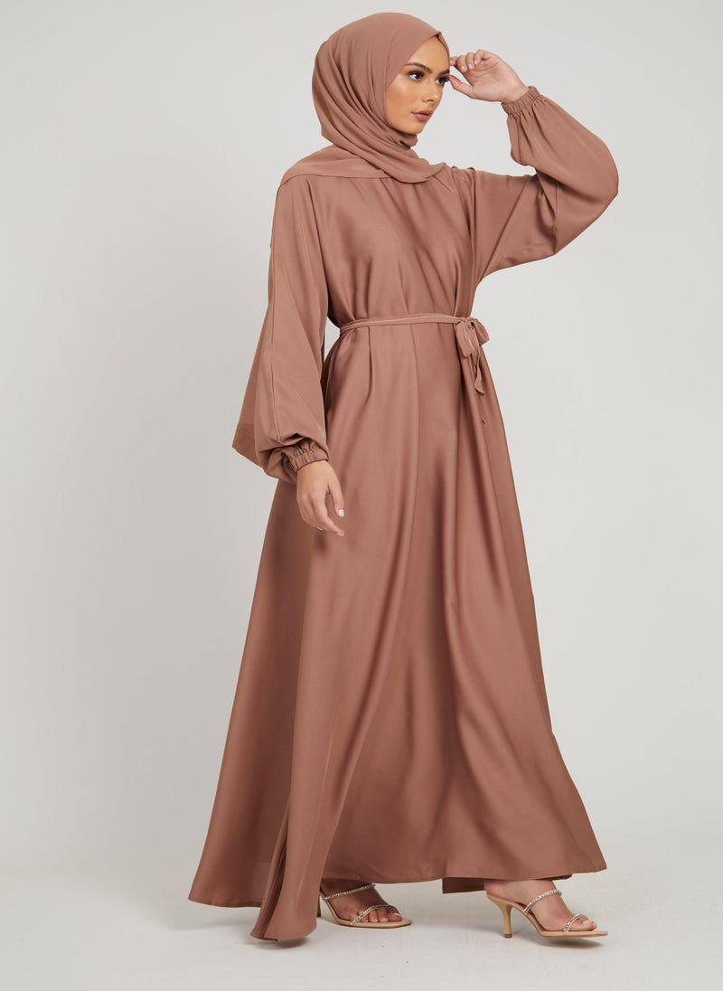 NUKHBAA Elegant Brown plain abaya wityh belt and Hijab-AB80  - Image 1