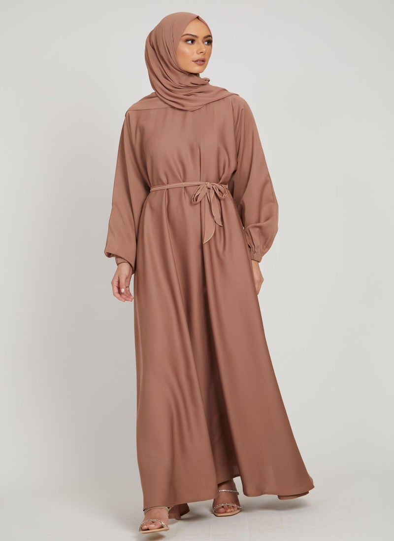NUKHBAA Elegant Brown plain abaya wityh belt and Hijab-AB80  - Image 3