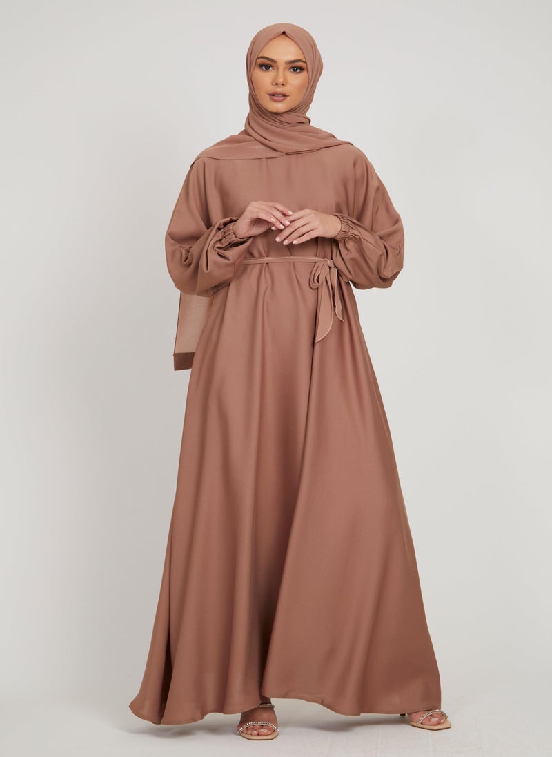 NUKHBAA Elegant Brown plain abaya wityh belt and Hijab-AB80  - Image 2