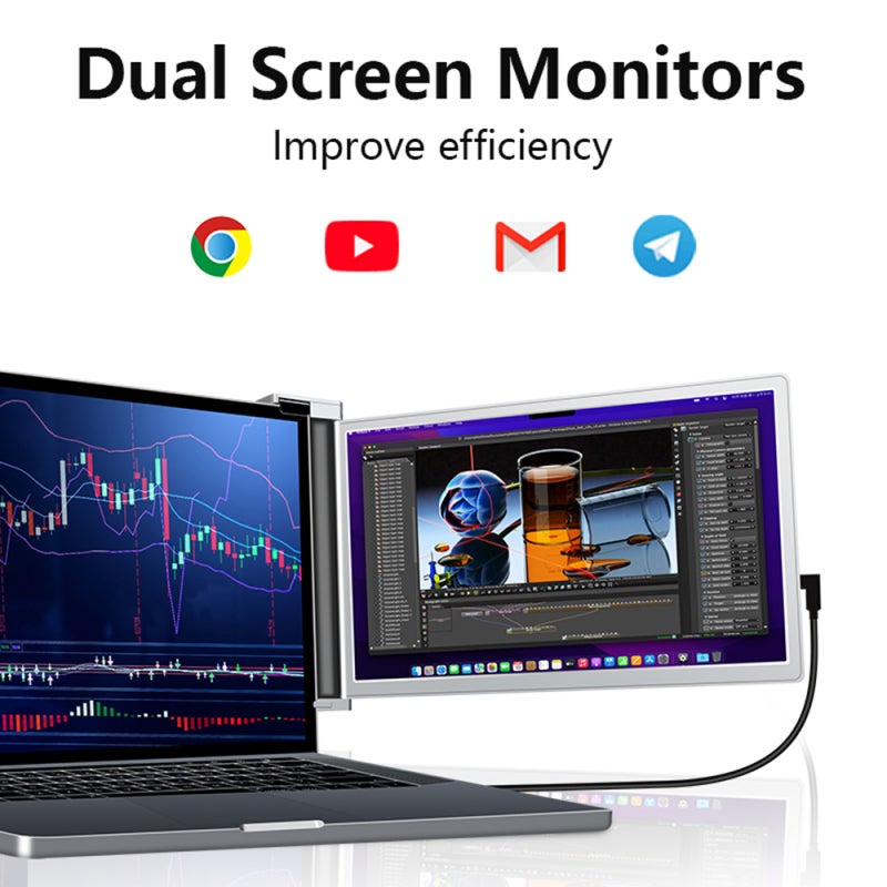 شاشة توسيع محمولة لأجهزة اللابتوب: شاشة فضية بدقة 1920*1080P FHD IPS بقياس 14 بوصة ومع زاوية مشاهدة 178 درجة - شاشة مزدوجة مع دعامة مطوية ودوارة وثابتة وقابلة للتعديل لمكتب السفر والعمل عن بعد - Image 2
