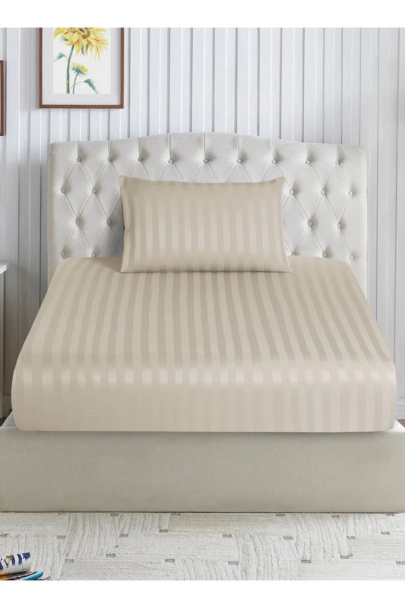 Donetella 2-Piece Striped Bedding Set – Single Fitted Sheet 120x200+30 cm with All-Around Elastic &amp; 1 Matching Pillowcases