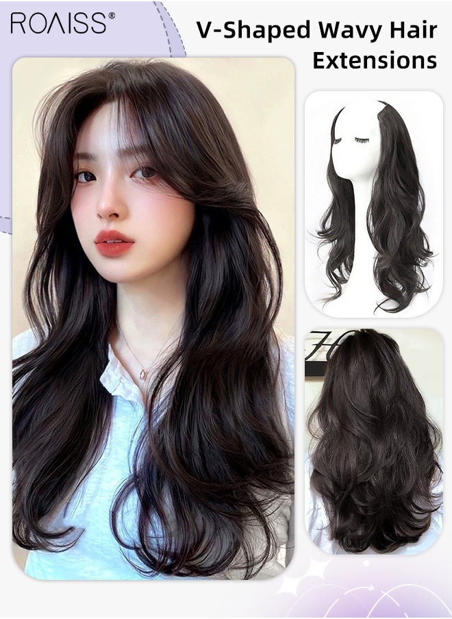 roaiss V-Shaped Layered Curly Hair Extension, One Piece Hair Extension Wig with 4 Clips, Heat Resistant Synthetic Hairpiece for Women Girls, Brown Black, 55cm (22 inches)  - Image 1