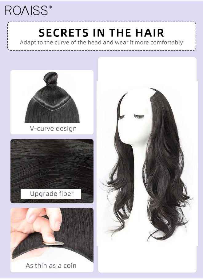 roaiss V-Shaped Layered Curly Hair Extension, One Piece Hair Extension Wig with 4 Clips, Heat Resistant Synthetic Hairpiece for Women Girls, Brown Black, 55cm (22 inches)  - Image 4