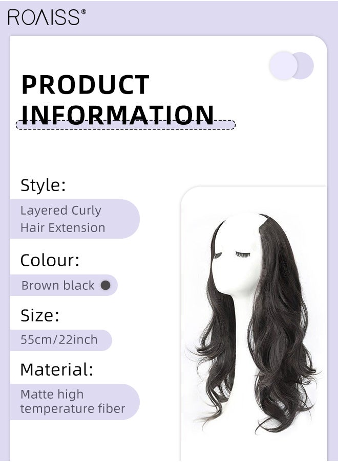 roaiss V-Shaped Layered Curly Hair Extension, One Piece Hair Extension Wig with 4 Clips, Heat Resistant Synthetic Hairpiece for Women Girls, Brown Black, 55cm (22 inches)  - Image 3