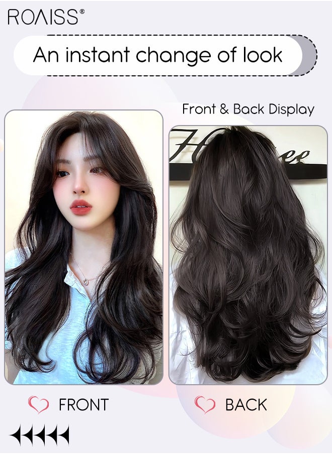 roaiss V-Shaped Layered Curly Hair Extension, One Piece Hair Extension Wig with 4 Clips, Heat Resistant Synthetic Hairpiece for Women Girls, Brown Black, 55cm (22 inches)  - Image 2