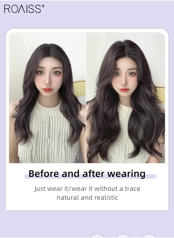 roaiss V-Shaped Layered Curly Hair Extension, One Piece Hair Extension Wig with 4 Clips, Heat Resistant Synthetic Hairpiece for Women Girls, Brown Black, 55cm (22 inches)  - Image 5