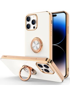 Case for iPhone 14 Pro Case with Ring Stand [360° Rotatable Ring Holder Magnetic Kickstand] [Support Car Mount] Plated Rose Gold Edge Slim Soft TPU Luxury Protective Phone Case Cover, White