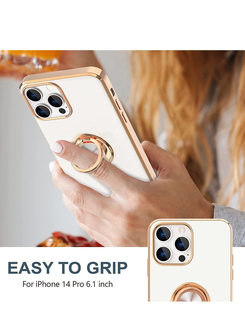 Generic - Case for iPhone 14 Pro Case with Ring Stand [360° Rotatable Ring Holder Magnetic Kickstand] [Support Car Mount] Plated Rose Gold Edge Slim Soft TPU Luxury Protective Phone Case Cover, White - Image 1