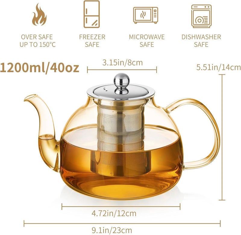 DOPUDO 40OZ (1200ML) Glass Teapot with Infuser Stovetop Safe, Clear Glass Tea Pot Kettle, Borosilicate Tea Pot with Infusers Filter for Loose Tea, Tea Kettle Dishwasher Safe (Champagne) - Image 2