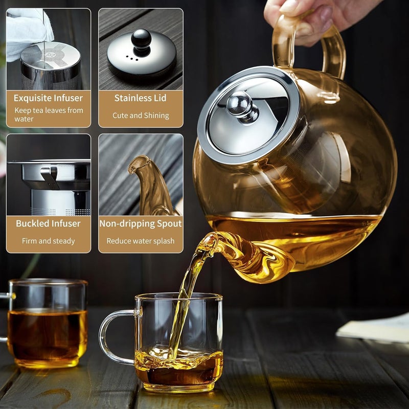 DOPUDO 40OZ (1200ML) Glass Teapot with Infuser Stovetop Safe, Clear Glass Tea Pot Kettle, Borosilicate Tea Pot with Infusers Filter for Loose Tea, Tea Kettle Dishwasher Safe (Champagne) - Image 3