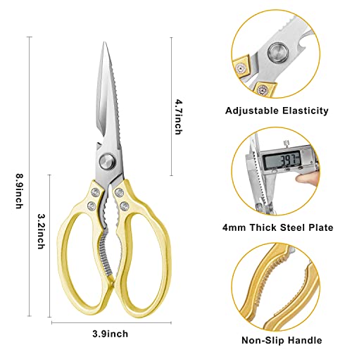 AWinjoy Kitchen Scissors, Heavy Duty Sharp Shears Dishwasher Safe, Kitchen Accessories Cooking Shears for Meat Chicken Fish Poultry Herb Bread (gold) - Image 2