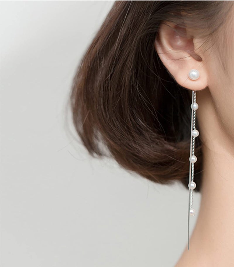 SLUYNZ Solid 925 Sterling Silver Simulated Shell Pearl Dangle Earrings Chain for Women Teen Girls Elegant Long Dangle Earrings Tassel Wedding Dangle Earrings (A-Sterling Silver) - Image 5