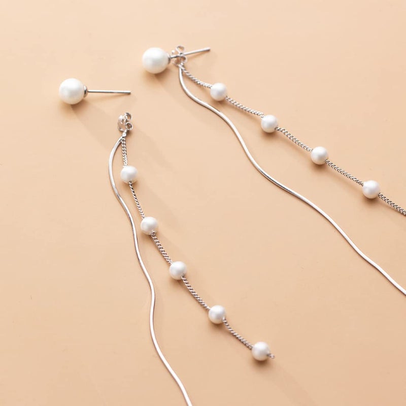 SLUYNZ Solid 925 Sterling Silver Simulated Shell Pearl Dangle Earrings Chain for Women Teen Girls Elegant Long Dangle Earrings Tassel Wedding Dangle Earrings (A-Sterling Silver) - Image 3