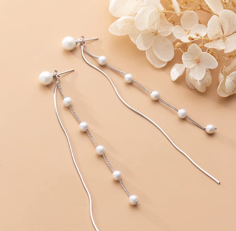 SLUYNZ Solid 925 Sterling Silver Simulated Shell Pearl Dangle Earrings Chain for Women Teen Girls Elegant Long Dangle Earrings Tassel Wedding Dangle Earrings (A-Sterling Silver) - Image 2