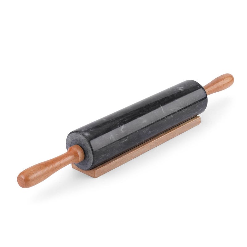 Flexzion Black Marble Rolling Pin 10inch with Wooden Handle and Holder Base Stand Marble Rolling Pin for Baking Pastry Pizza Dough Roller Fondant Cookie Pie Crust Pasta Bakery Roller Pin