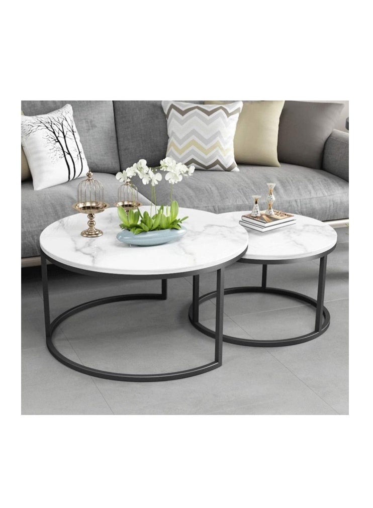 ZUCNG Nesting Tables Removable Set of 2 End Table, Round Coffee Tables with Gold Metal Frame Legs and Marble White Top for Living Room, Bedroom, Office, Balcony, Apartment - Image 1