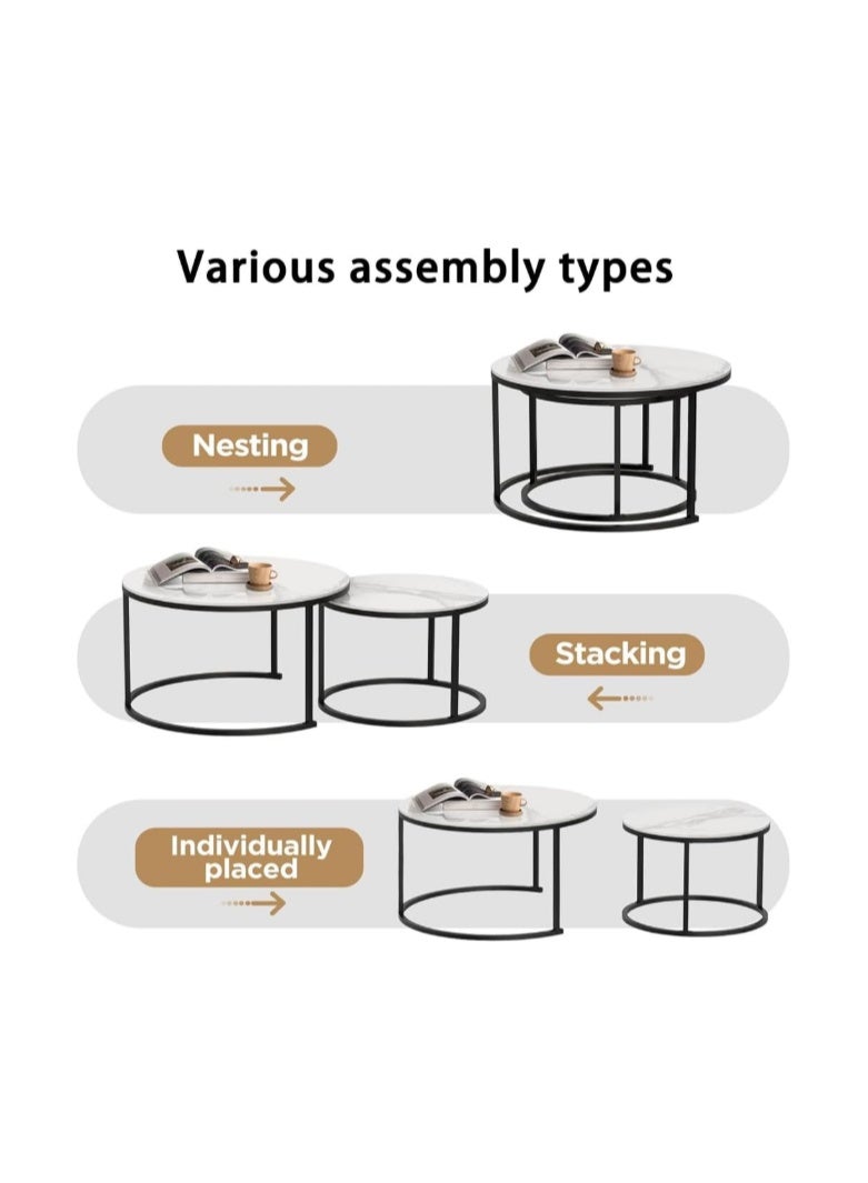 ZUCNG Nesting Tables Removable Set of 2 End Table, Round Coffee Tables with Gold Metal Frame Legs and Marble White Top for Living Room, Bedroom, Office, Balcony, Apartment - Image 4