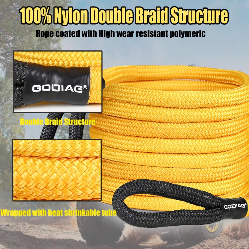 GODIAG 1"Ã—20ft Kinetic Recovery Rope (33000lbs) Heavy Duty Energy Tow Rope with 2 Soft Shackles, Offroad Power Stretch Snatch Rope for Truck Jeep Car ATV UTV Tractor - Image 3